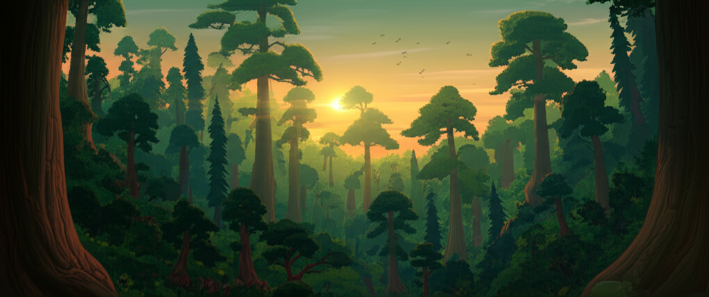 A mysterious, lush forest at dusk